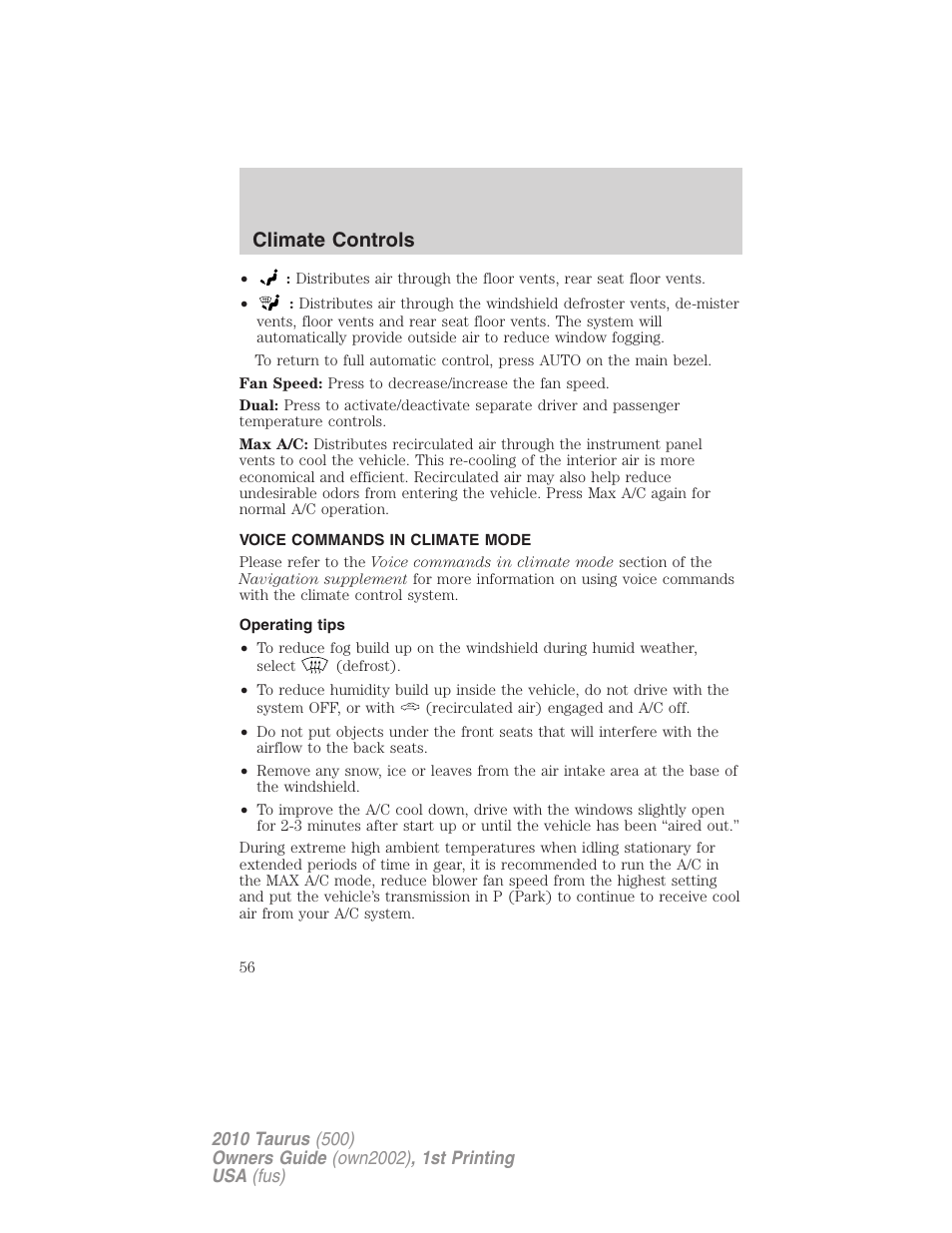 Voice commands in climate mode, Operating tips, Climate controls | FORD 2010 Taurus v.1 User Manual | Page 56 / 378