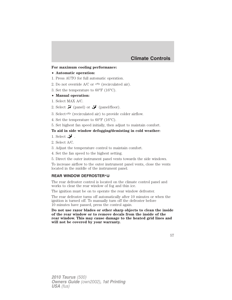 Rear window defroster, Climate controls | FORD 2010 Taurus v.1 User Manual | Page 57 / 378