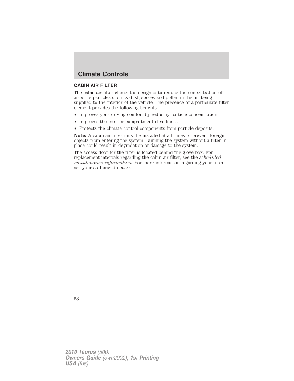 Cabin air filter, Climate controls | FORD 2010 Taurus v.1 User Manual | Page 58 / 378