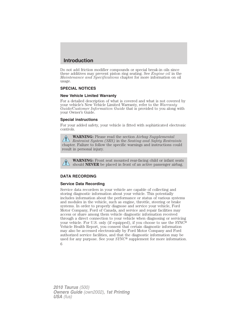 Special notices, New vehicle limited warranty, Special instructions | Data recording, Service data recording, Introduction | FORD 2010 Taurus v.1 User Manual | Page 6 / 378
