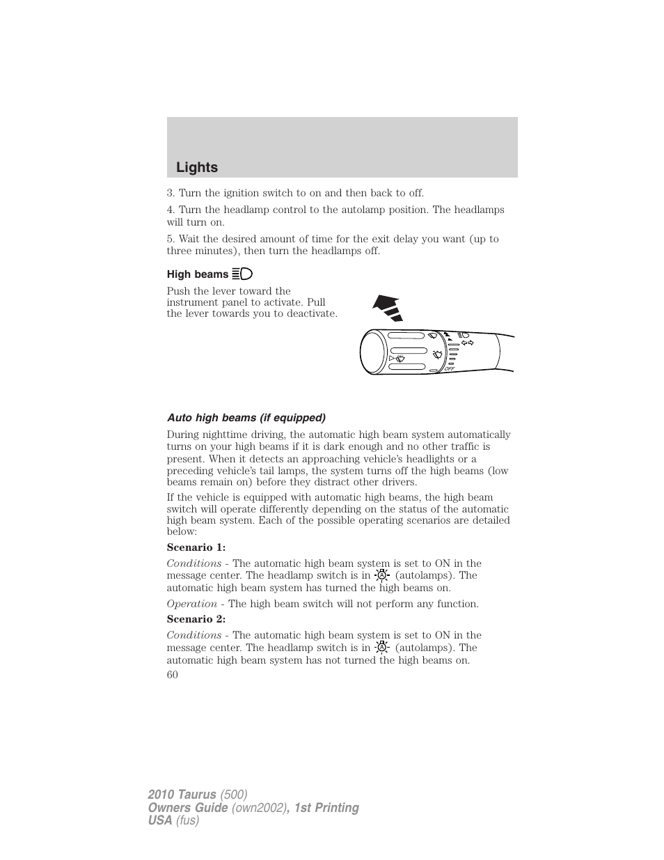 High beams, Auto high beams (if equipped), Lights | FORD 2010 Taurus v.1 User Manual | Page 60 / 378