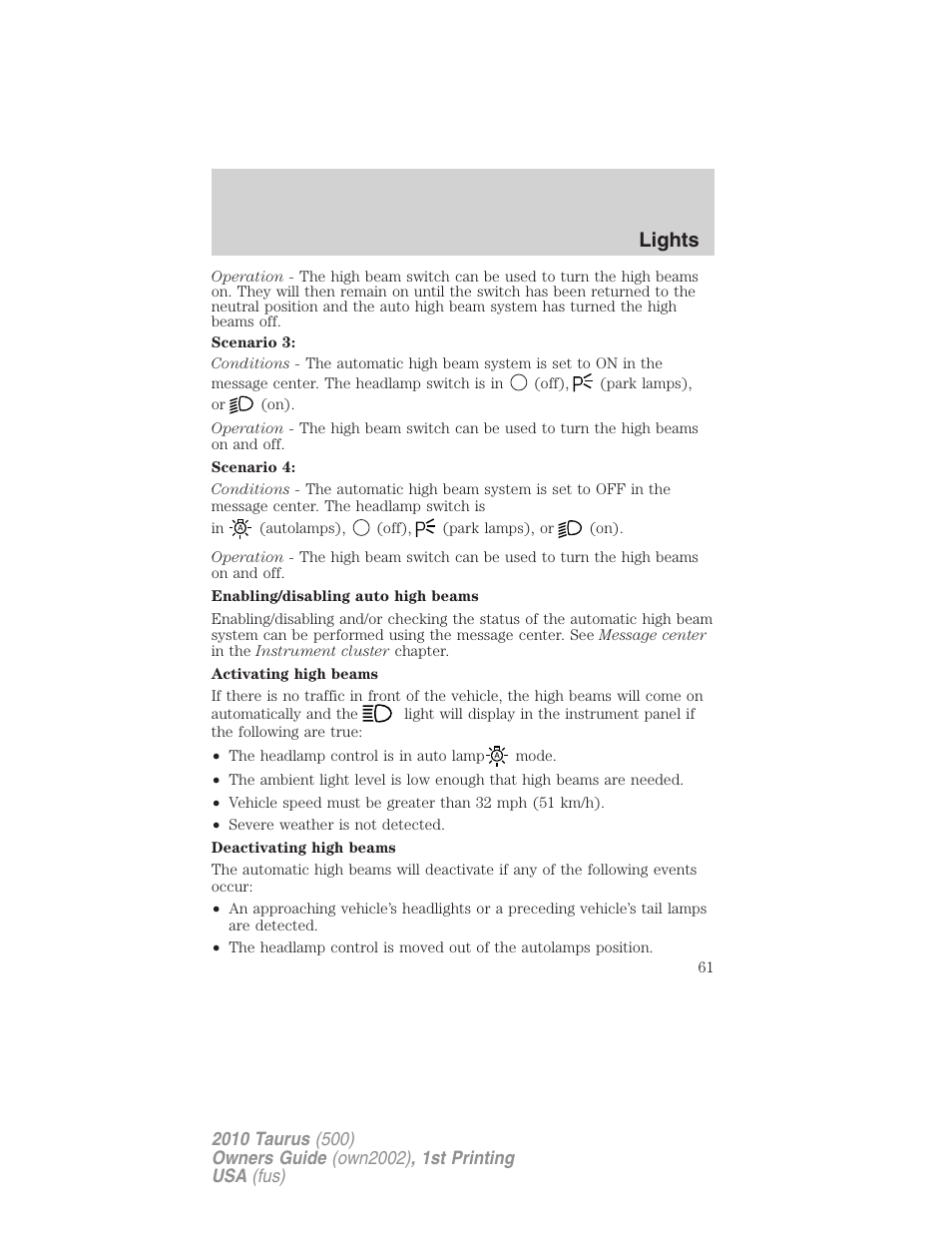 Lights | FORD 2010 Taurus v.1 User Manual | Page 61 / 378
