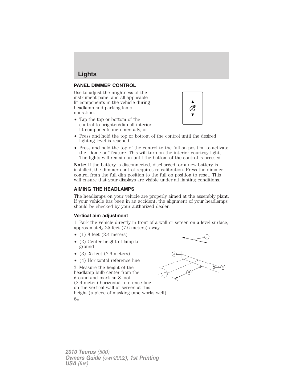 Panel dimmer control, Aiming the headlamps, Vertical aim adjustment | Lights | FORD 2010 Taurus v.1 User Manual | Page 64 / 378