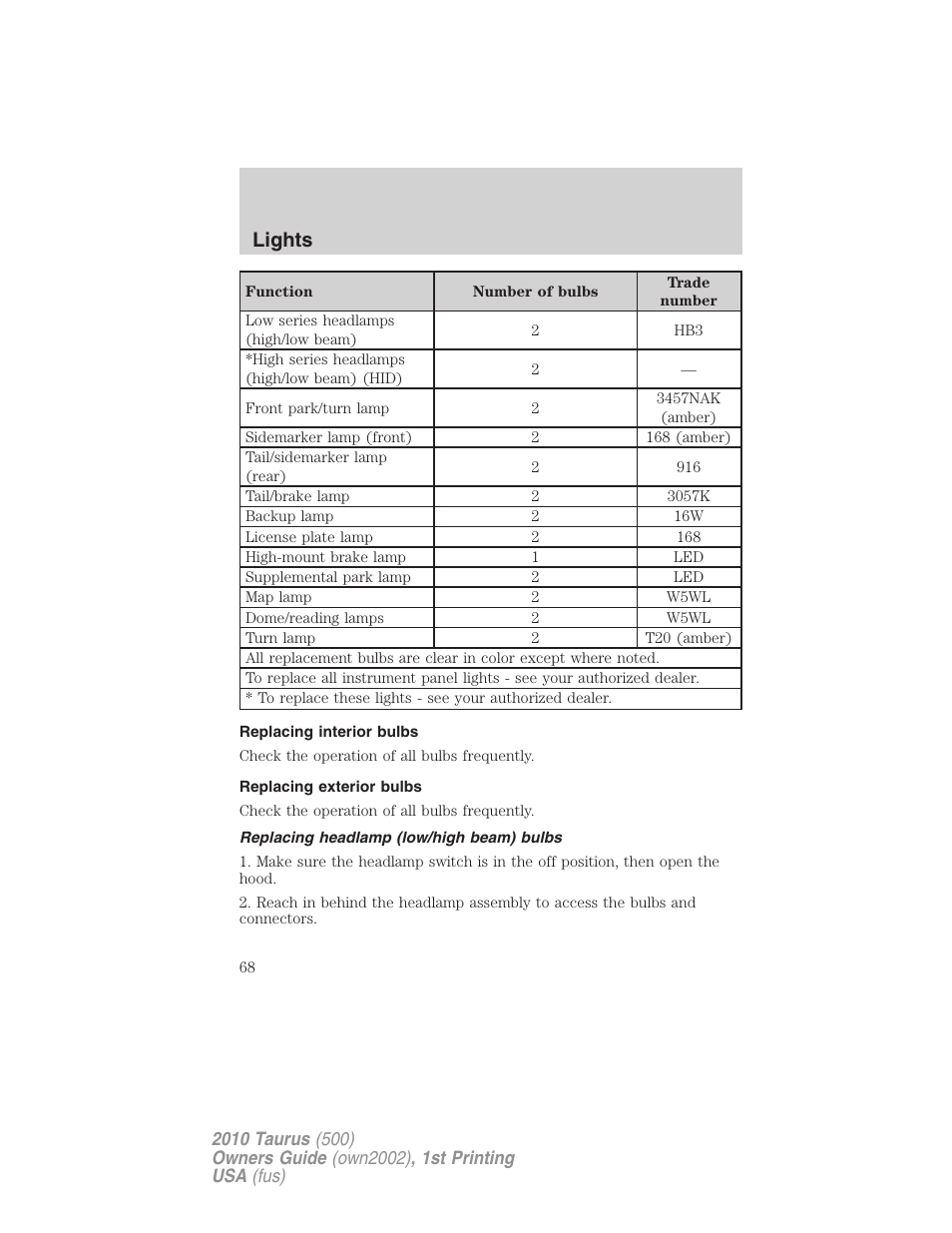 Replacing interior bulbs, Replacing exterior bulbs, Replacing headlamp (low/high beam) bulbs | Lights | FORD 2010 Taurus v.1 User Manual | Page 68 / 378