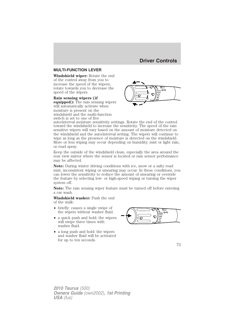 Driver controls, Multi-function lever, Windshield wiper/washer control | FORD 2010 Taurus v.1 User Manual | Page 73 / 378