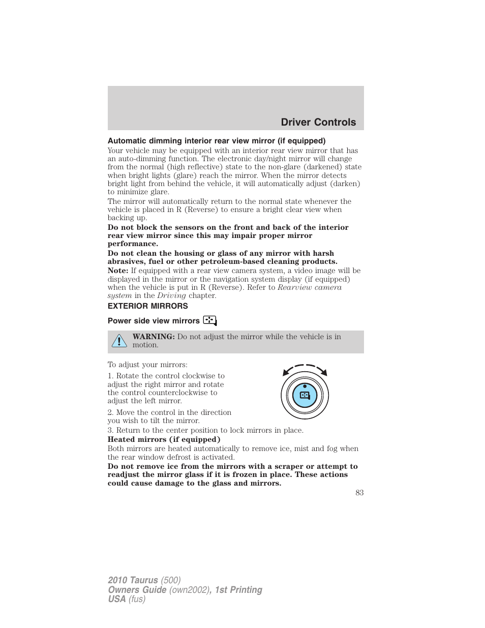 Exterior mirrors, Power side view mirrors, Driver controls | FORD 2010 Taurus v.1 User Manual | Page 83 / 378