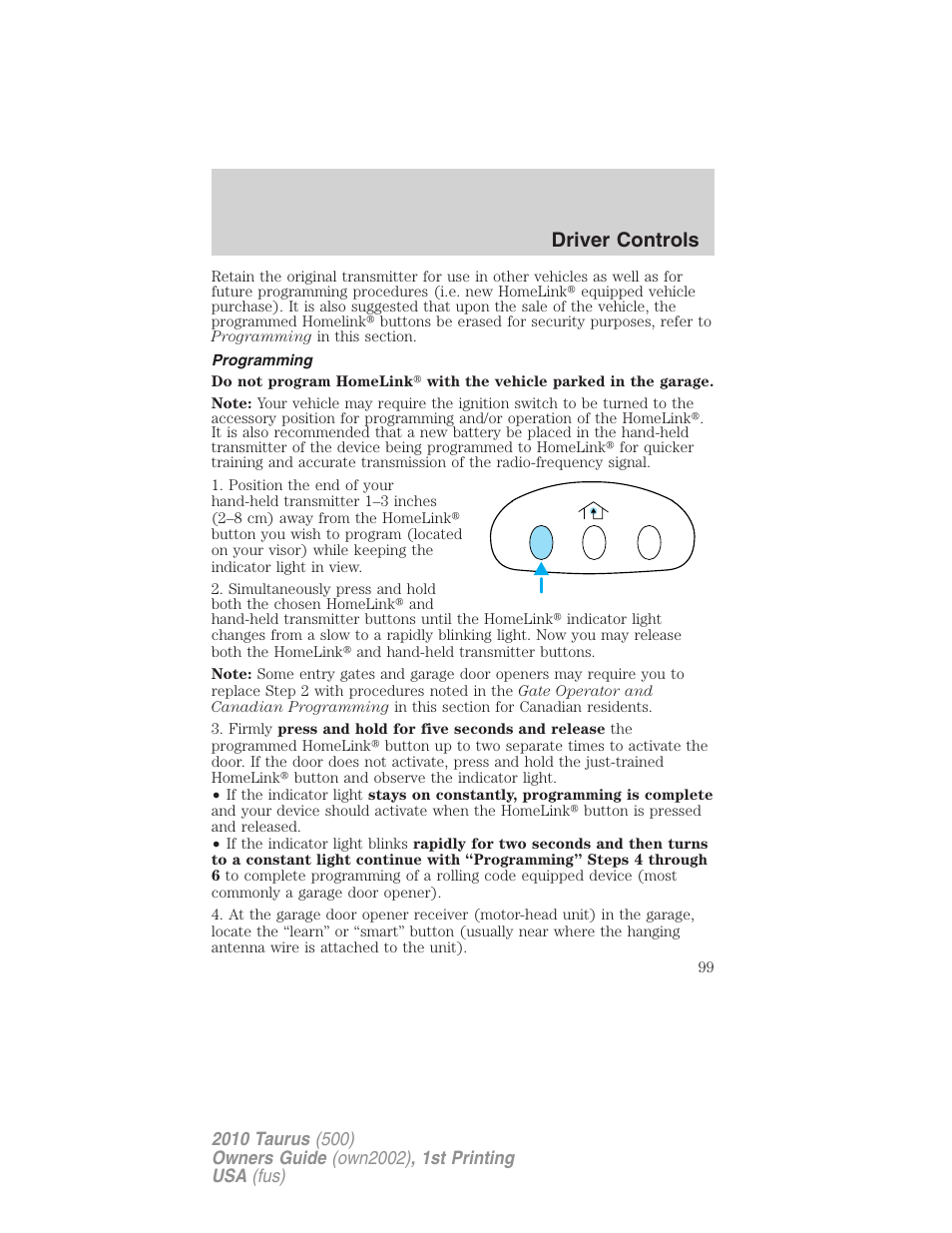 Programming, Driver controls | FORD 2010 Taurus v.1 User Manual | Page 99 / 378