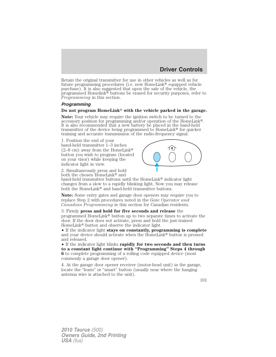 Programming, Driver controls | FORD 2010 Taurus v.2 User Manual | Page 101 / 382