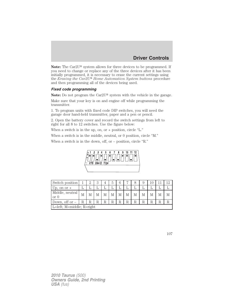 Fixed code programming, Driver controls | FORD 2010 Taurus v.2 User Manual | Page 107 / 382