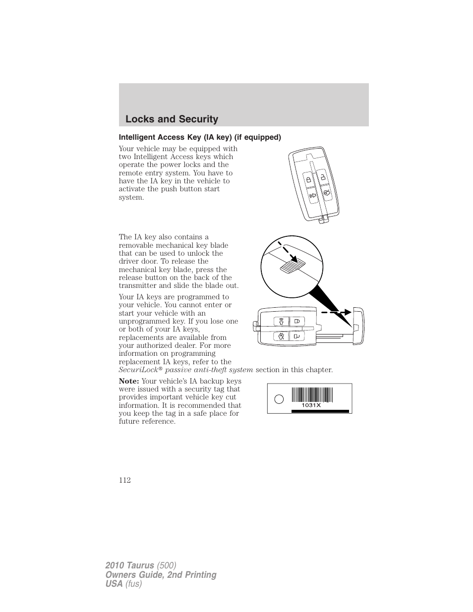 Intelligent access key (ia key) (if equipped), Locks and security | FORD 2010 Taurus v.2 User Manual | Page 112 / 382