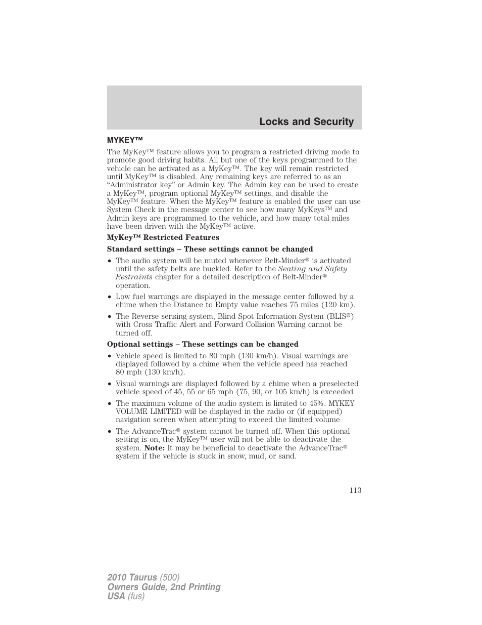 Mykey, Locks and security | FORD 2010 Taurus v.2 User Manual | Page 113 / 382