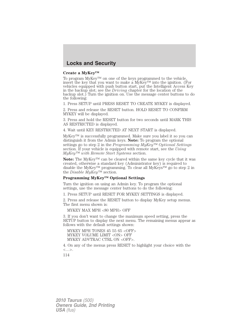 Locks and security | FORD 2010 Taurus v.2 User Manual | Page 114 / 382