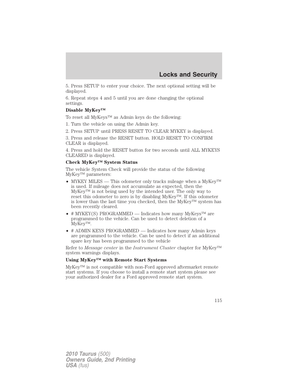 Locks and security | FORD 2010 Taurus v.2 User Manual | Page 115 / 382