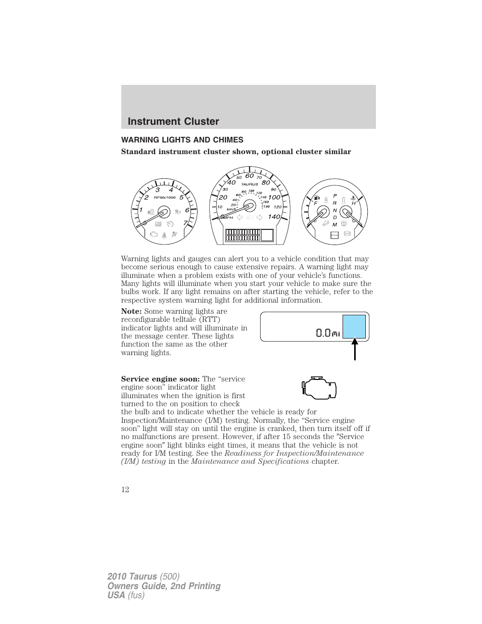 Instrument cluster, Warning lights and chimes | FORD 2010 Taurus v.2 User Manual | Page 12 / 382