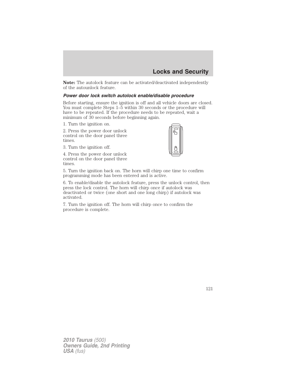 Locks and security | FORD 2010 Taurus v.2 User Manual | Page 121 / 382