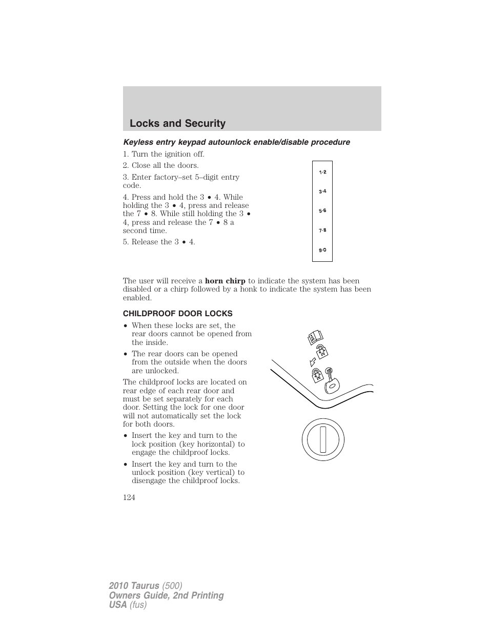 Childproof door locks, Locks and security | FORD 2010 Taurus v.2 User Manual | Page 124 / 382