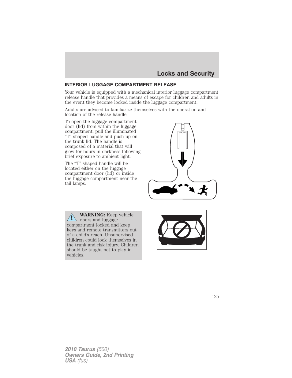 Interior luggage compartment release, Locks and security | FORD 2010 Taurus v.2 User Manual | Page 125 / 382