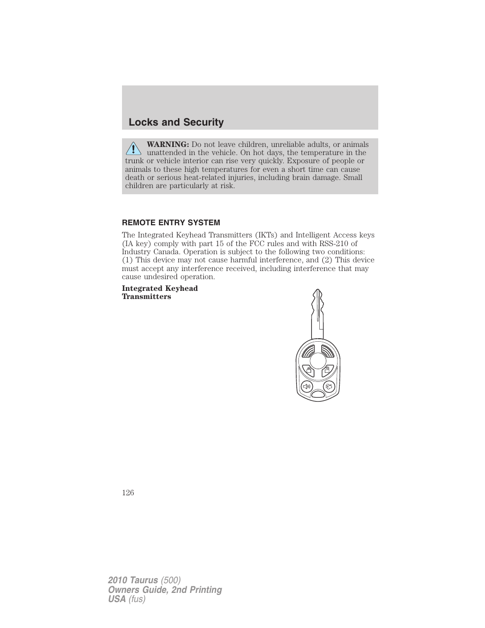 Remote entry system, Locks and security | FORD 2010 Taurus v.2 User Manual | Page 126 / 382