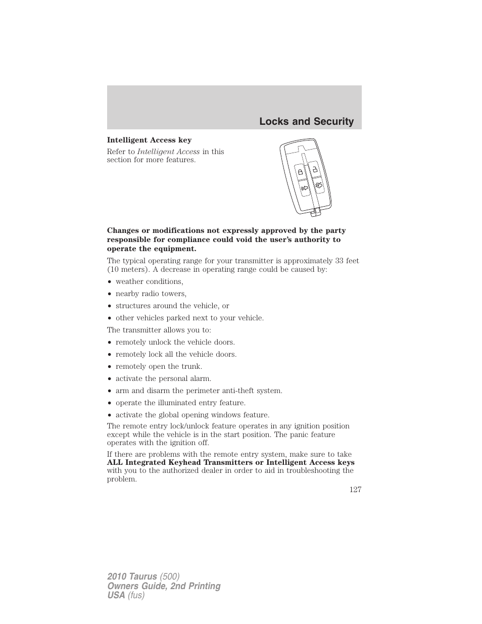 Locks and security | FORD 2010 Taurus v.2 User Manual | Page 127 / 382