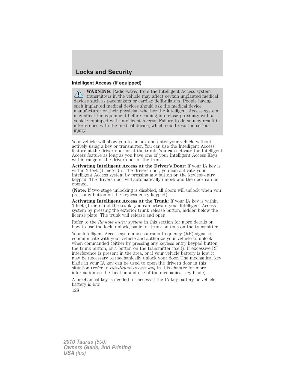 Intelligent access (if equipped), Locks and security | FORD 2010 Taurus v.2 User Manual | Page 128 / 382