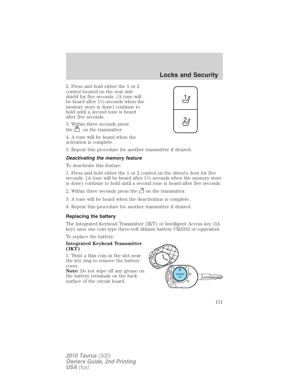 Deactivating the memory feature, Replacing the battery, Locks and security | FORD 2010 Taurus v.2 User Manual | Page 131 / 382