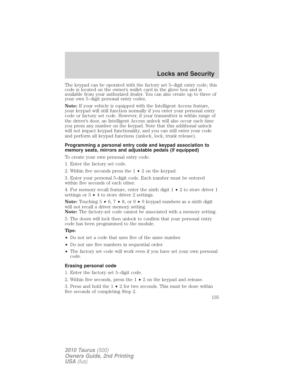 Erasing personal code, Locks and security | FORD 2010 Taurus v.2 User Manual | Page 135 / 382