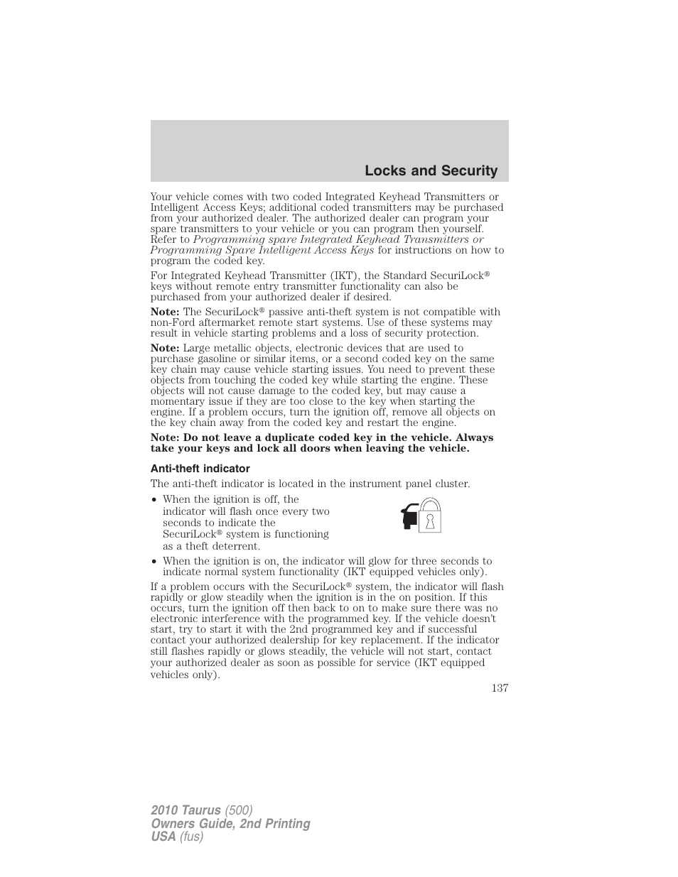 Anti-theft indicator, Locks and security | FORD 2010 Taurus v.2 User Manual | Page 137 / 382