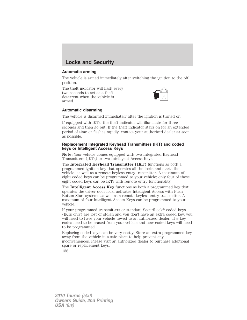 Automatic arming, Automatic disarming, Locks and security | FORD 2010 Taurus v.2 User Manual | Page 138 / 382