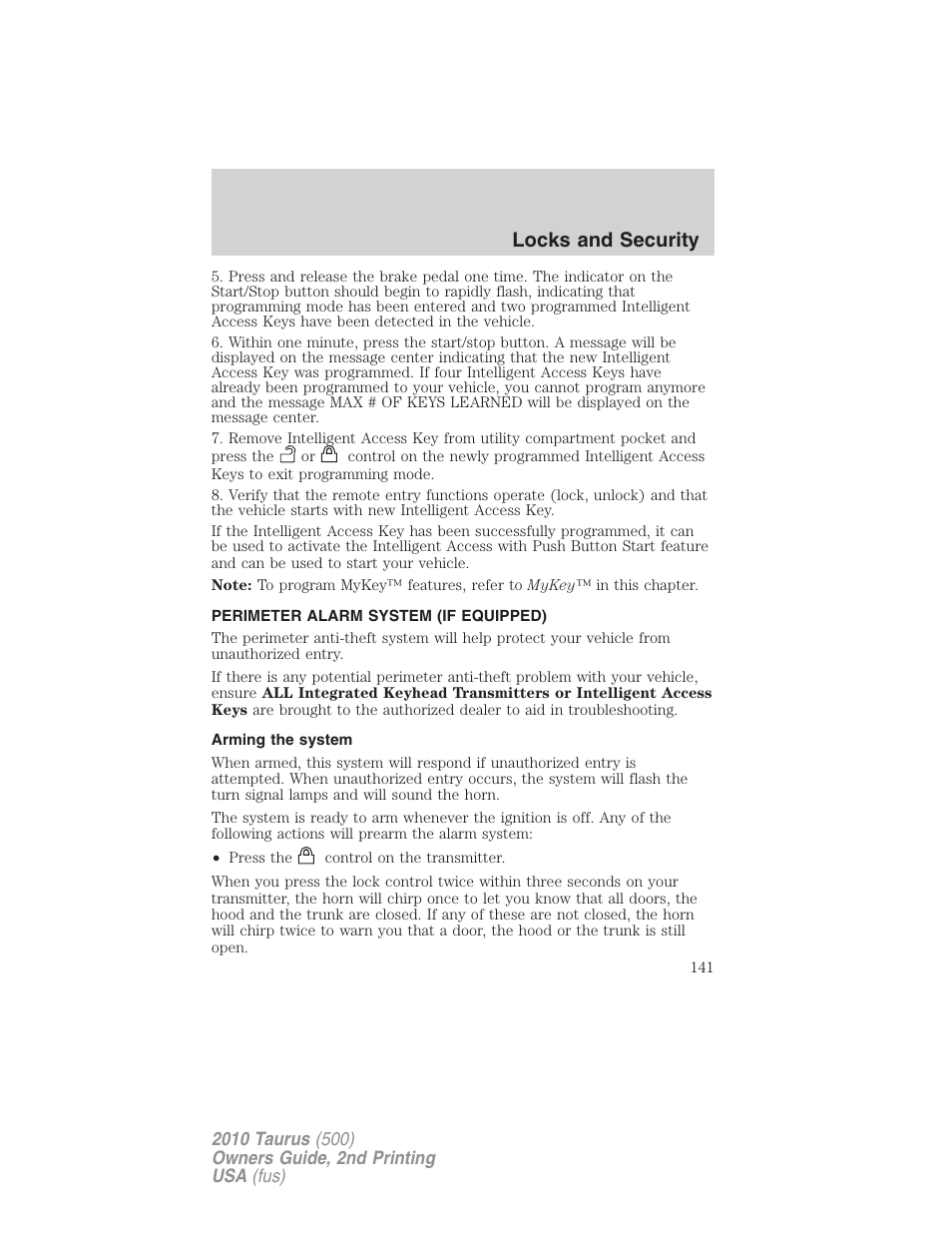 Perimeter alarm system (if equipped), Arming the system, Locks and security | FORD 2010 Taurus v.2 User Manual | Page 141 / 382