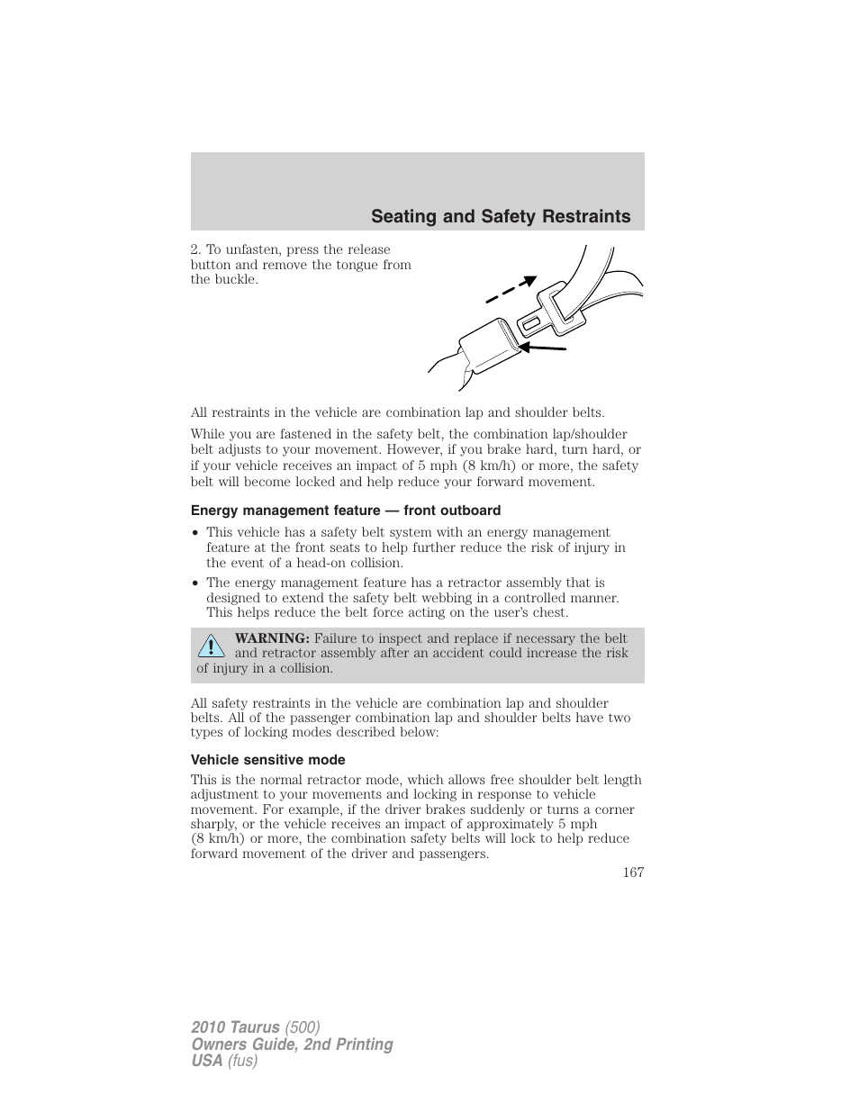 Energy management feature — front outboard, Vehicle sensitive mode, Seating and safety restraints | FORD 2010 Taurus v.2 User Manual | Page 167 / 382