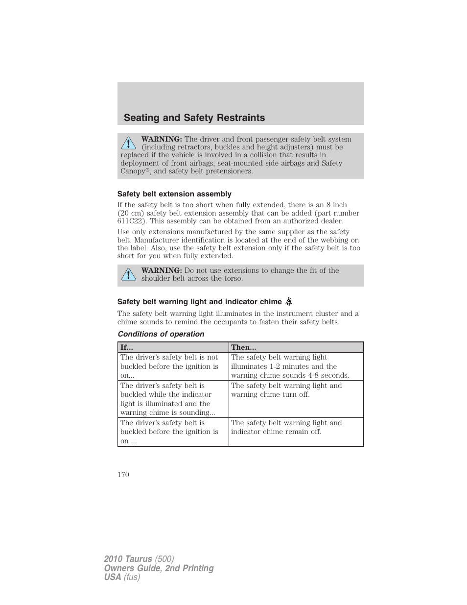 Safety belt extension assembly, Safety belt warning light and indicator chime, Conditions of operation | Seating and safety restraints | FORD 2010 Taurus v.2 User Manual | Page 170 / 382