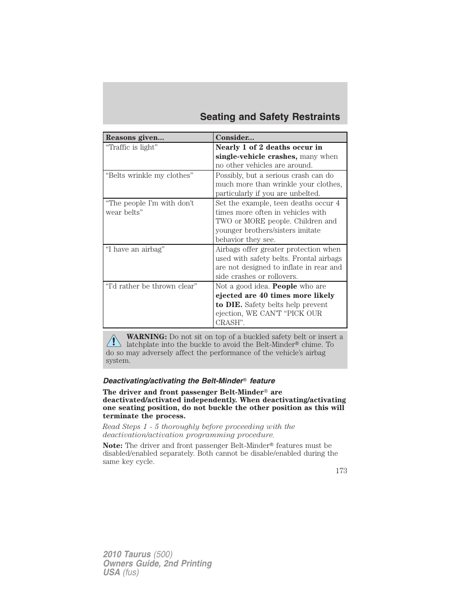 Deactivating/activating the belt-minder feature, Seating and safety restraints | FORD 2010 Taurus v.2 User Manual | Page 173 / 382