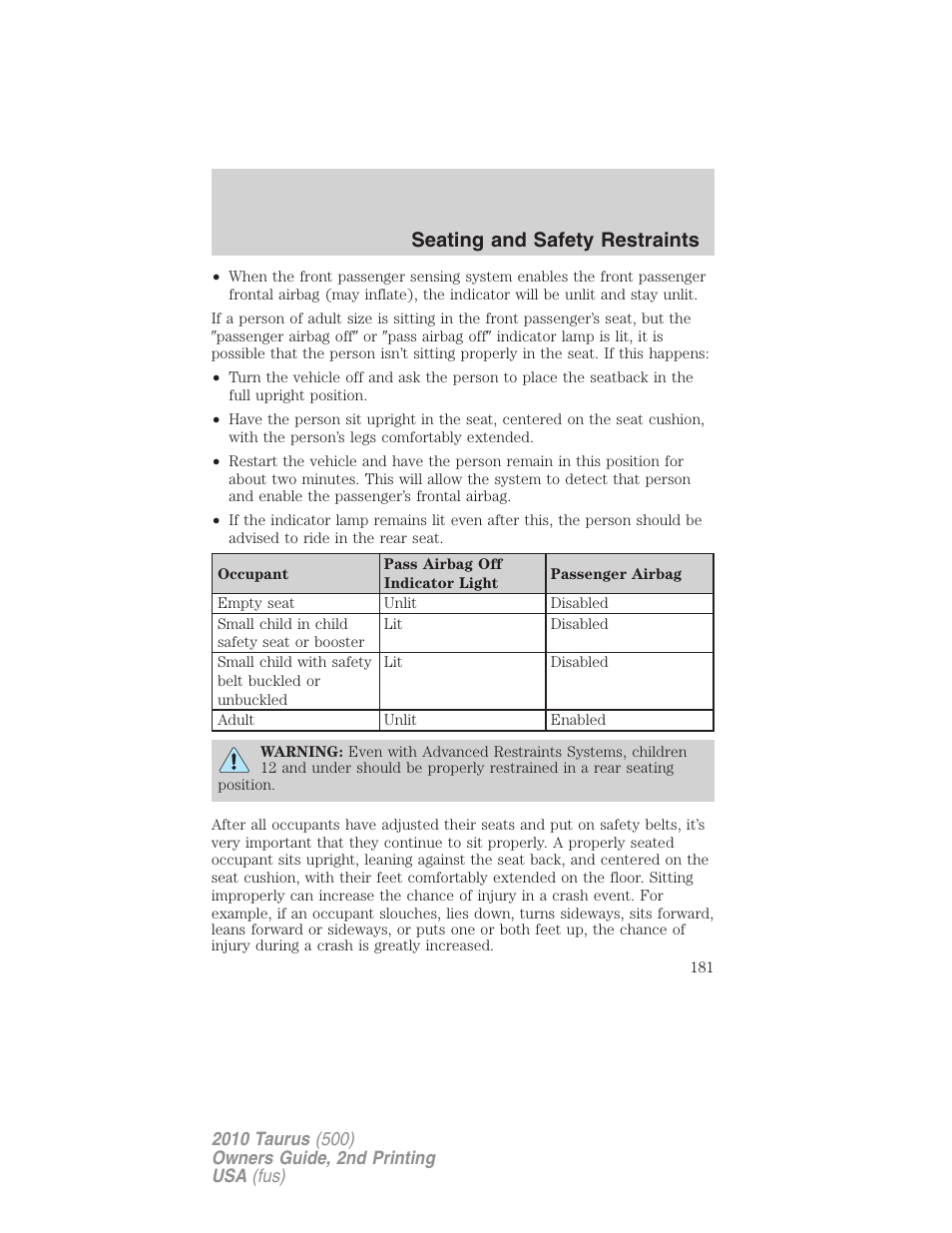 Seating and safety restraints | FORD 2010 Taurus v.2 User Manual | Page 181 / 382