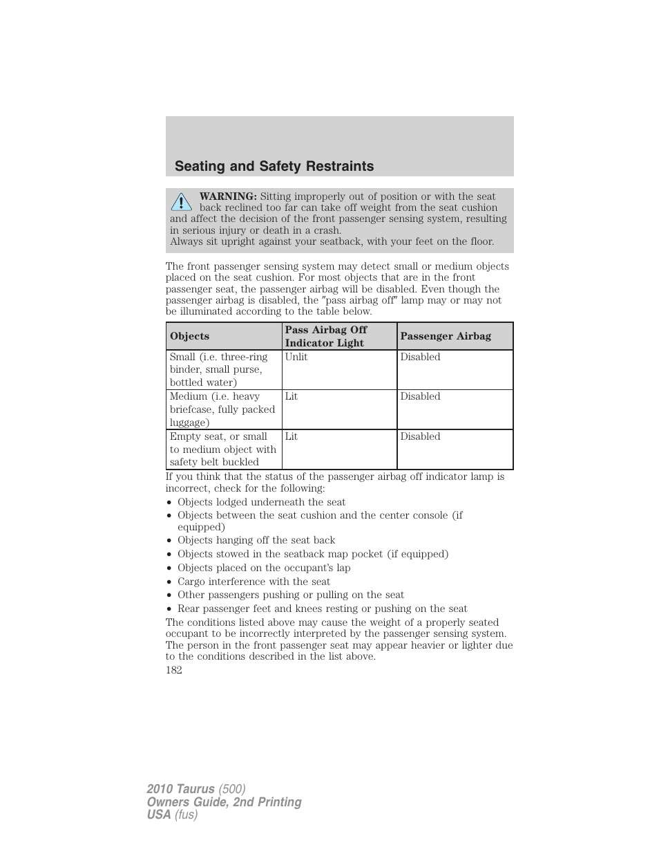 Seating and safety restraints | FORD 2010 Taurus v.2 User Manual | Page 182 / 382