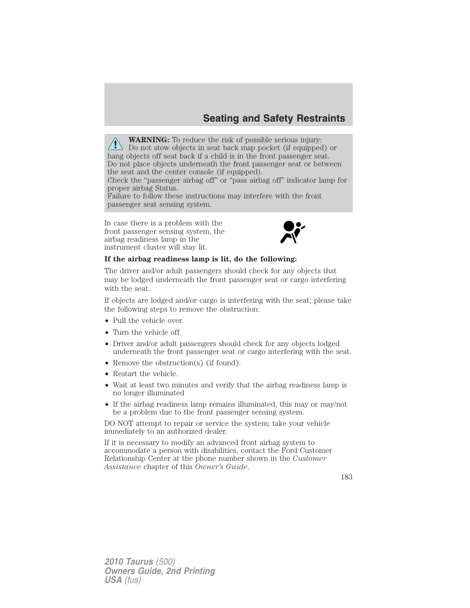 Seating and safety restraints | FORD 2010 Taurus v.2 User Manual | Page 183 / 382