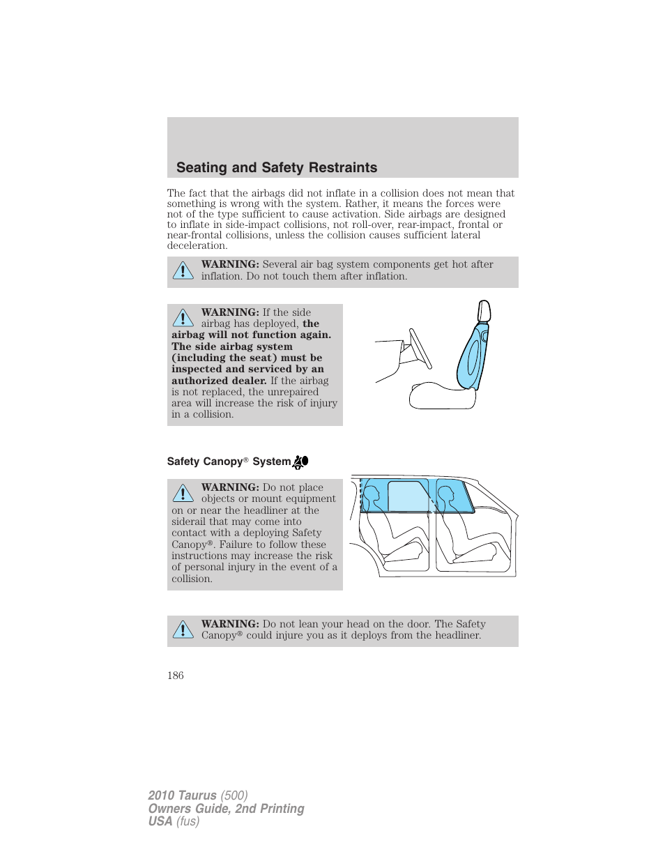 Safety canopy system, Seating and safety restraints | FORD 2010 Taurus v.2 User Manual | Page 186 / 382