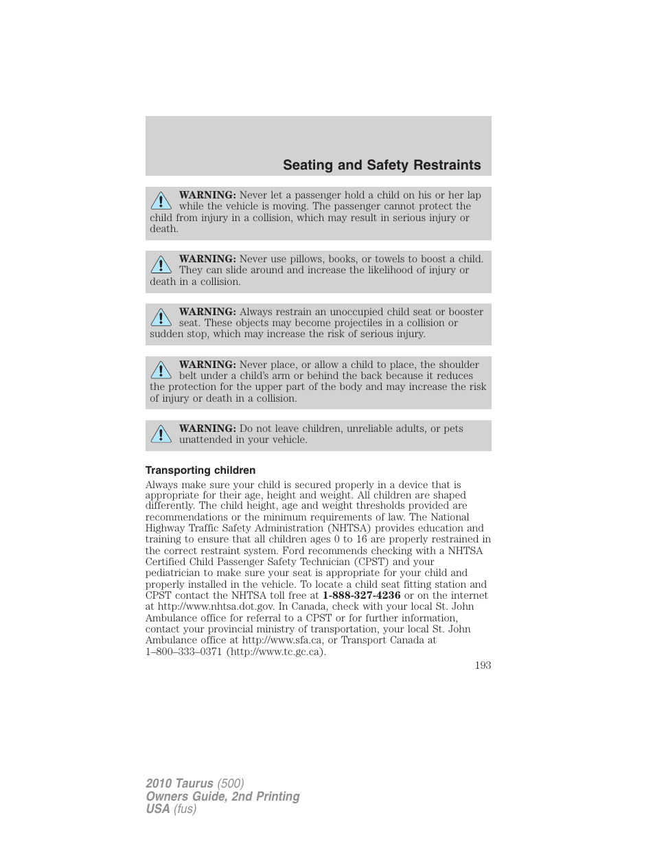 Transporting children, Seating and safety restraints | FORD 2010 Taurus v.2 User Manual | Page 193 / 382