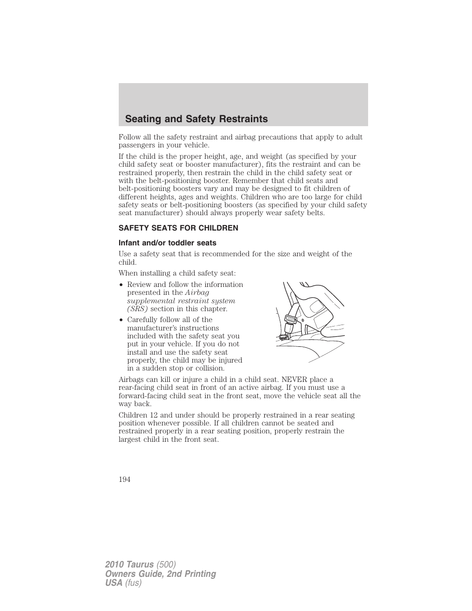 Safety seats for children, Infant and/or toddler seats, Seating and safety restraints | FORD 2010 Taurus v.2 User Manual | Page 194 / 382