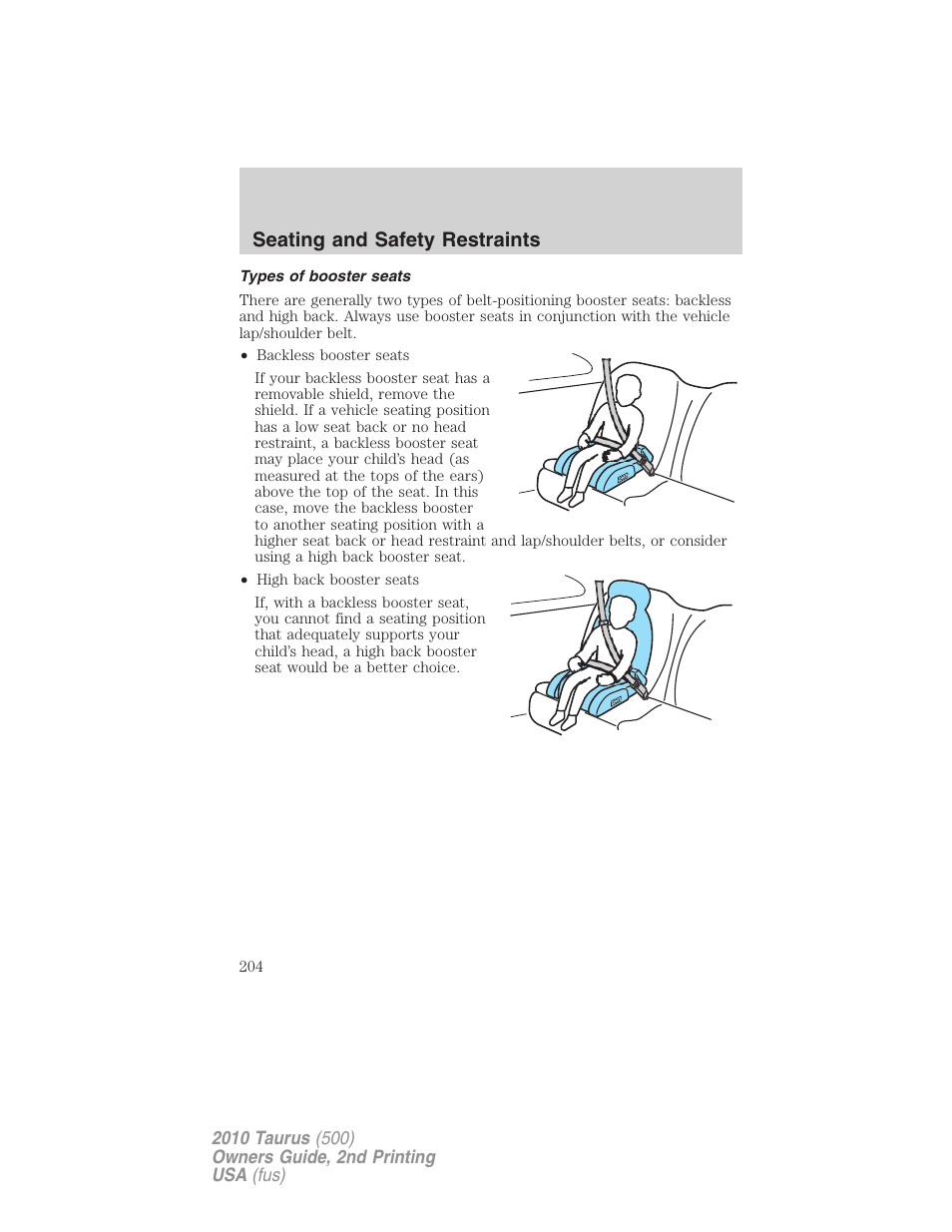 Types of booster seats, Seating and safety restraints | FORD 2010 Taurus v.2 User Manual | Page 204 / 382