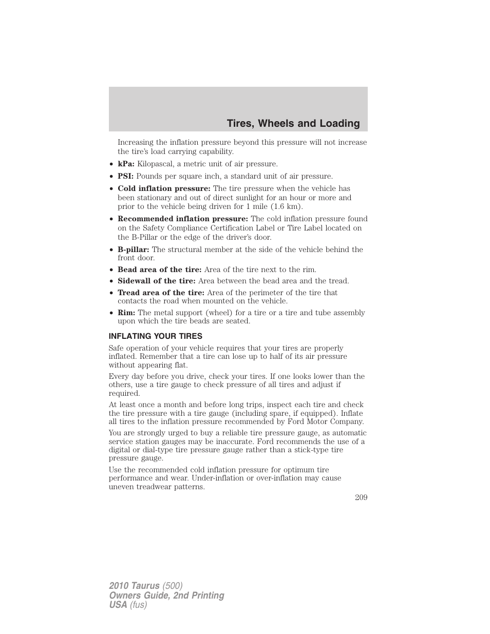 Inflating your tires, Tire inflation, Tires, wheels and loading | FORD 2010 Taurus v.2 User Manual | Page 209 / 382