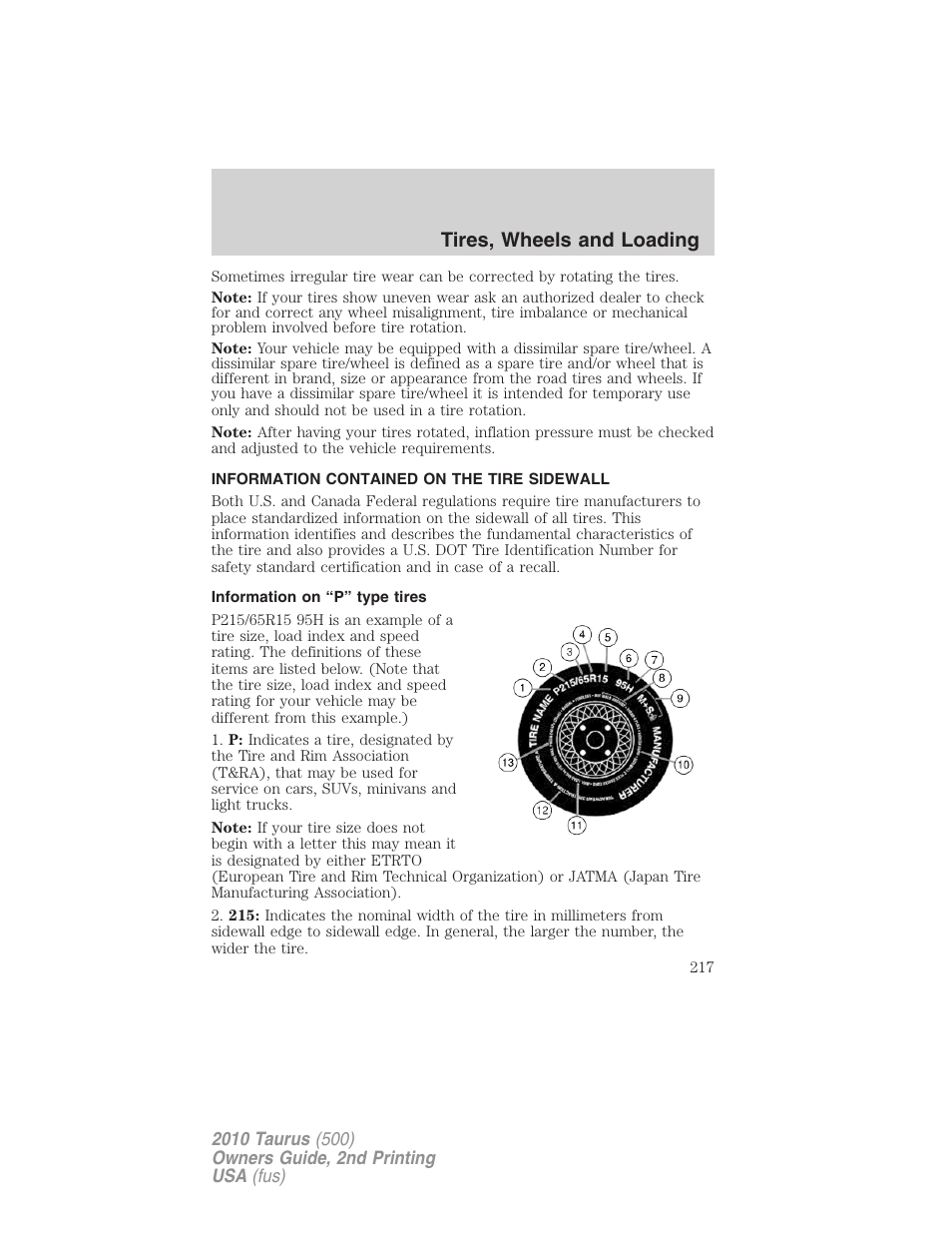 Information contained on the tire sidewall, Information on “p” type tires, Tires, wheels and loading | FORD 2010 Taurus v.2 User Manual | Page 217 / 382