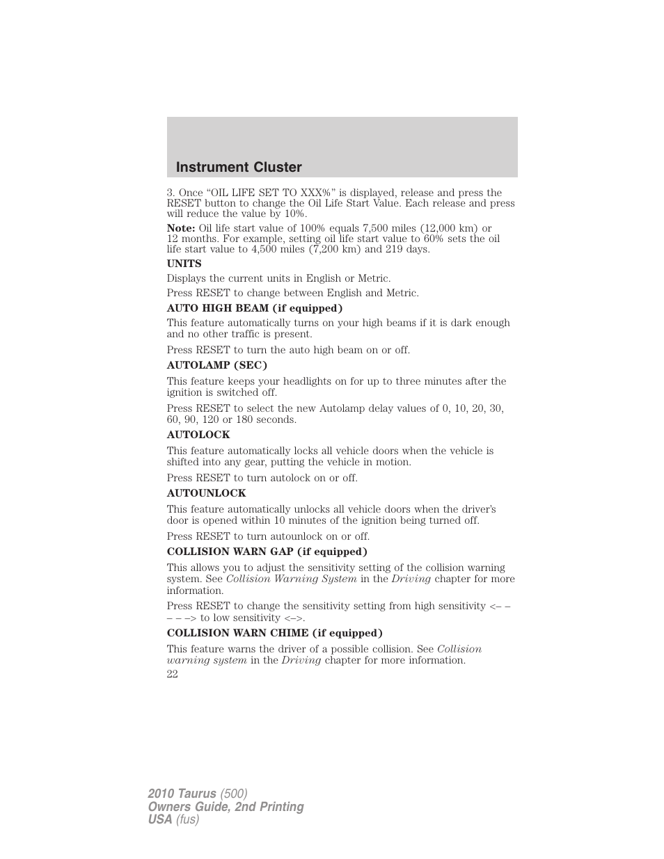 Instrument cluster | FORD 2010 Taurus v.2 User Manual | Page 22 / 382