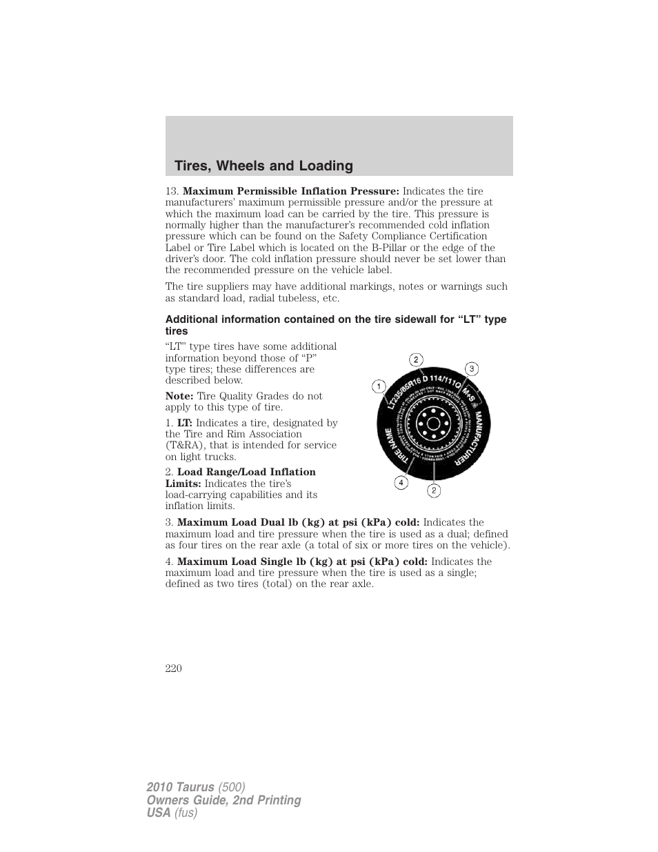 Tires, wheels and loading | FORD 2010 Taurus v.2 User Manual | Page 220 / 382