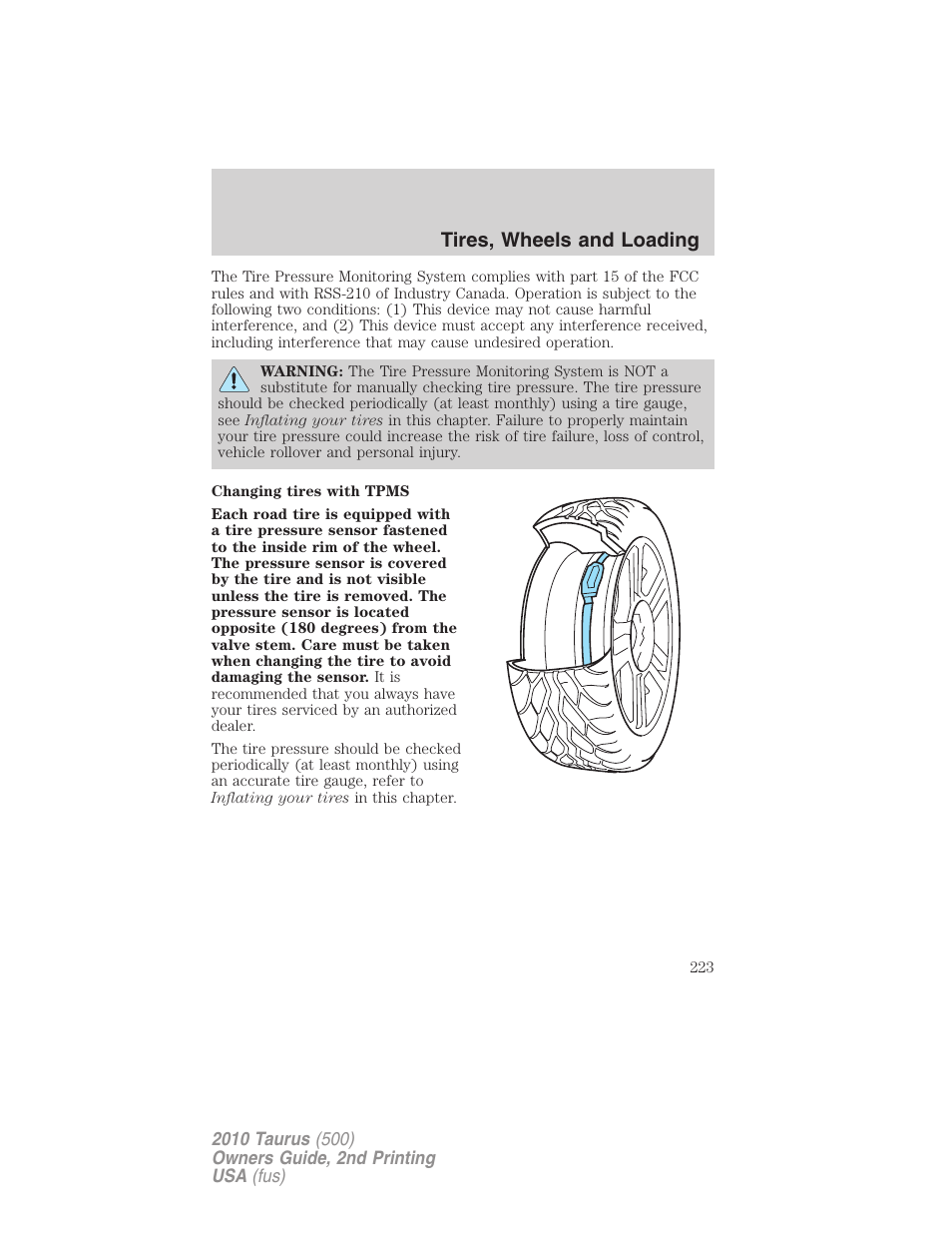 Tires, wheels and loading | FORD 2010 Taurus v.2 User Manual | Page 223 / 382