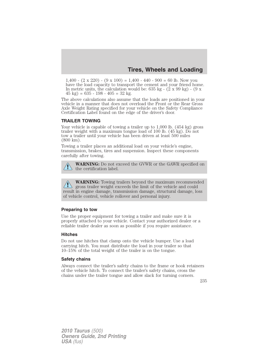 Trailer towing, Preparing to tow, Hitches | Safety chains, Tires, wheels and loading | FORD 2010 Taurus v.2 User Manual | Page 235 / 382