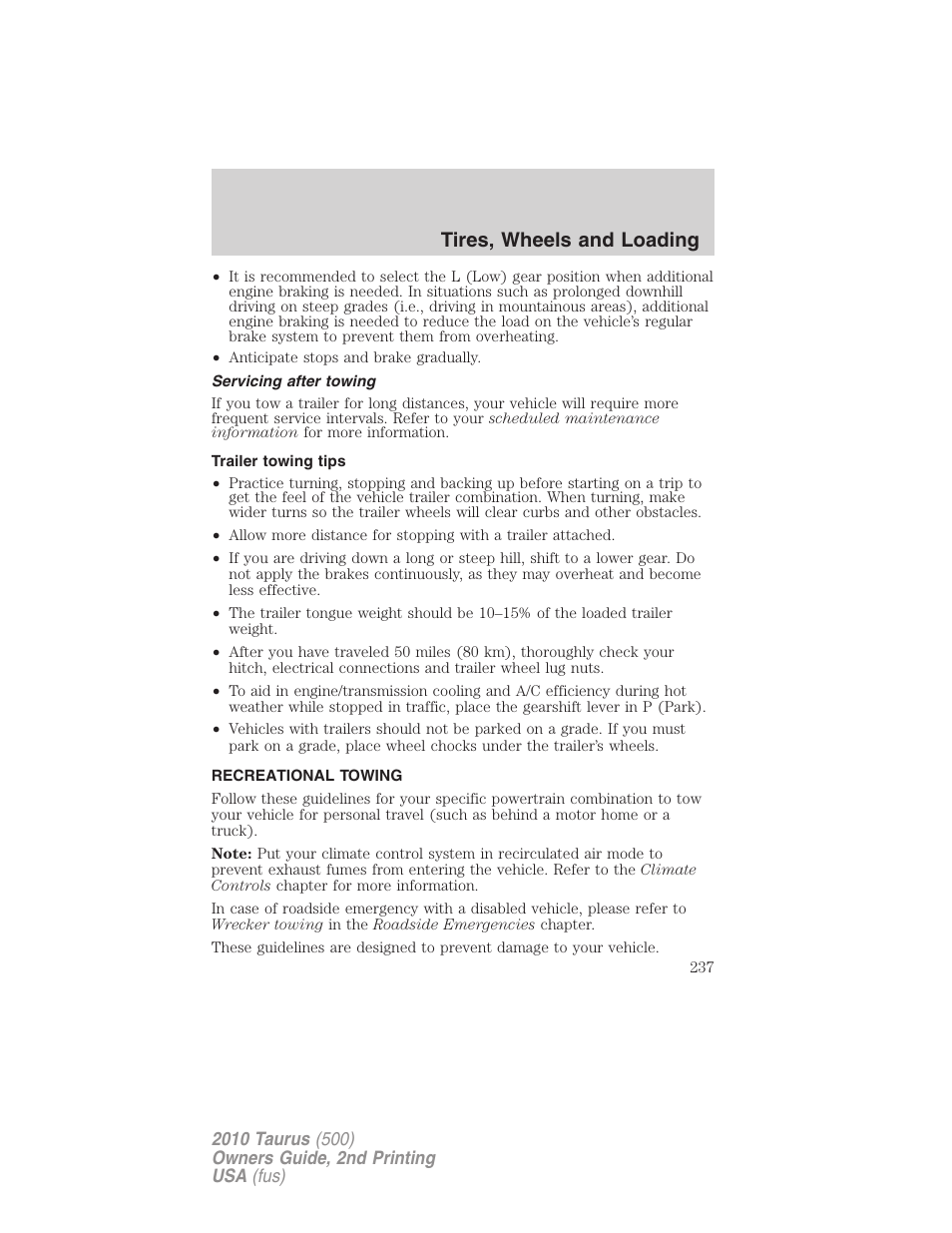 Servicing after towing, Trailer towing tips, Recreational towing | Tires, wheels and loading | FORD 2010 Taurus v.2 User Manual | Page 237 / 382