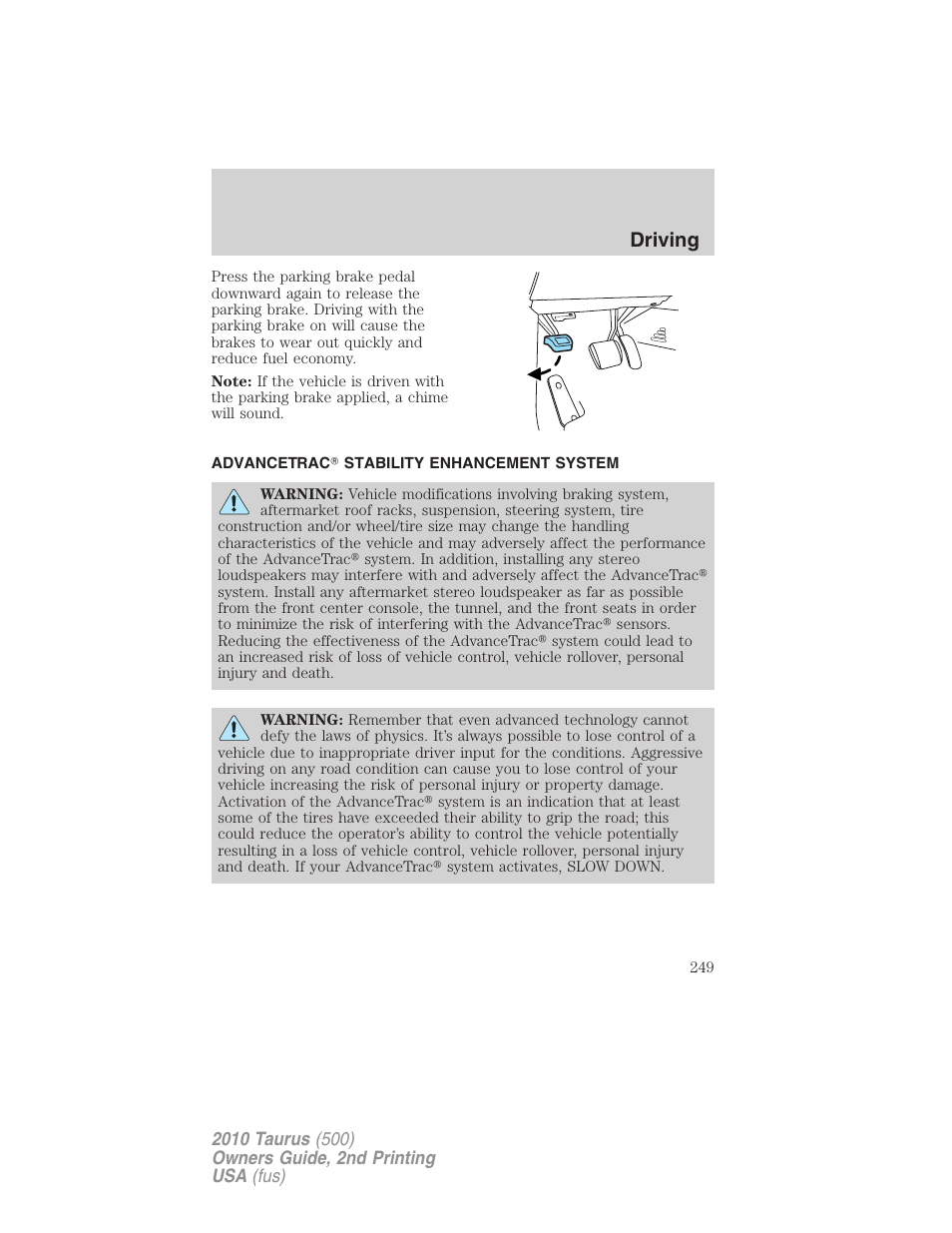 Advancetrac stability enhancement system, Advancetrac, Driving | FORD 2010 Taurus v.2 User Manual | Page 249 / 382