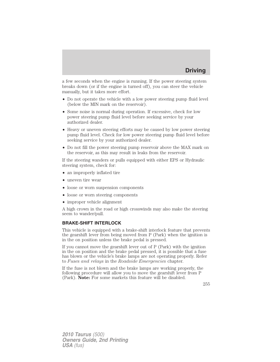 Brake-shift interlock, Driving | FORD 2010 Taurus v.2 User Manual | Page 255 / 382