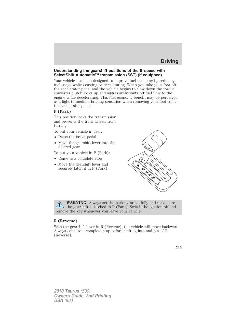 Driving | FORD 2010 Taurus v.2 User Manual | Page 259 / 382