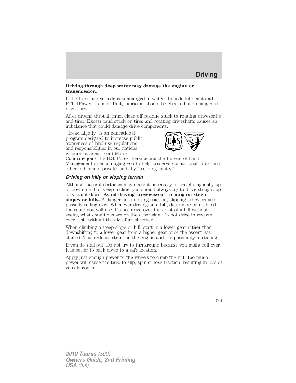 Driving on hilly or sloping terrain, Driving | FORD 2010 Taurus v.2 User Manual | Page 279 / 382